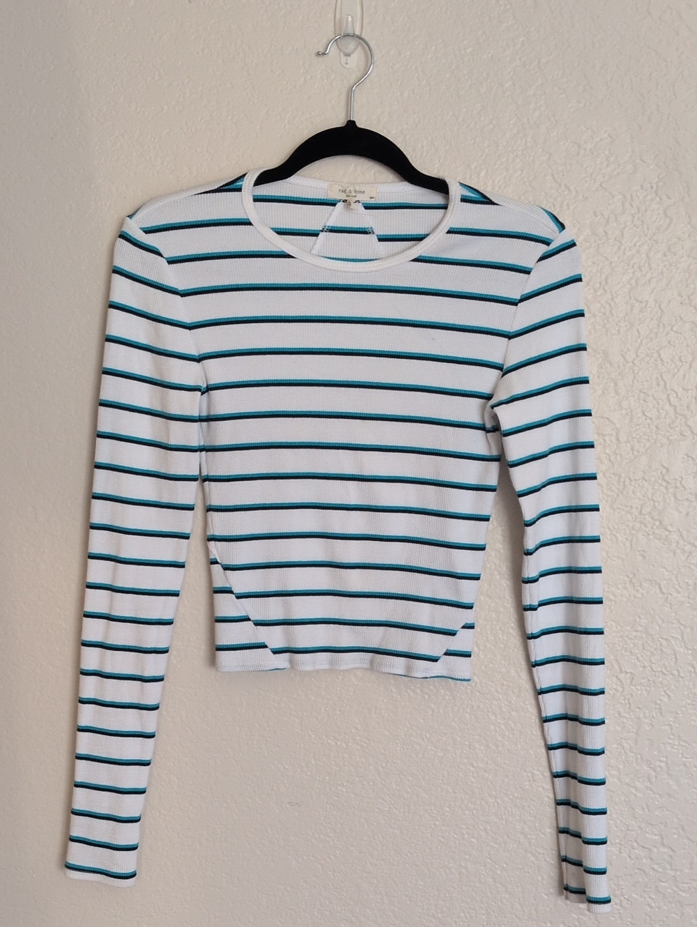 rag & bone White Long-Sleeve Crewneck with Teal Stripes